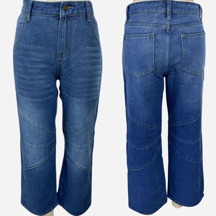 Women's high waisted baggy barrel jeans boyfriend wide leg denim pants in navy, front and back views