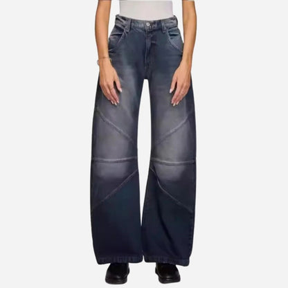 Women's high waisted baggy barrel jeans boyfriend wide leg denim pants in black, front view