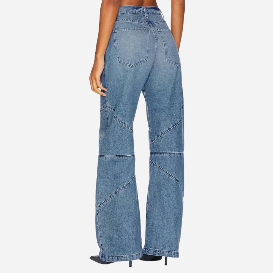 Women's high waisted baggy barrel jeans boyfriend wide leg denim pants in blue, back view
