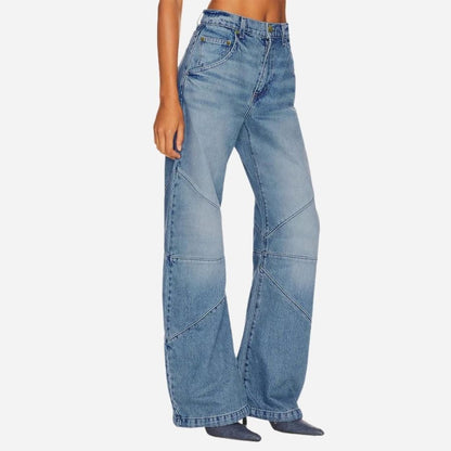 Women's high waisted baggy barrel jeans boyfriend wide leg denim pants in blue, side view