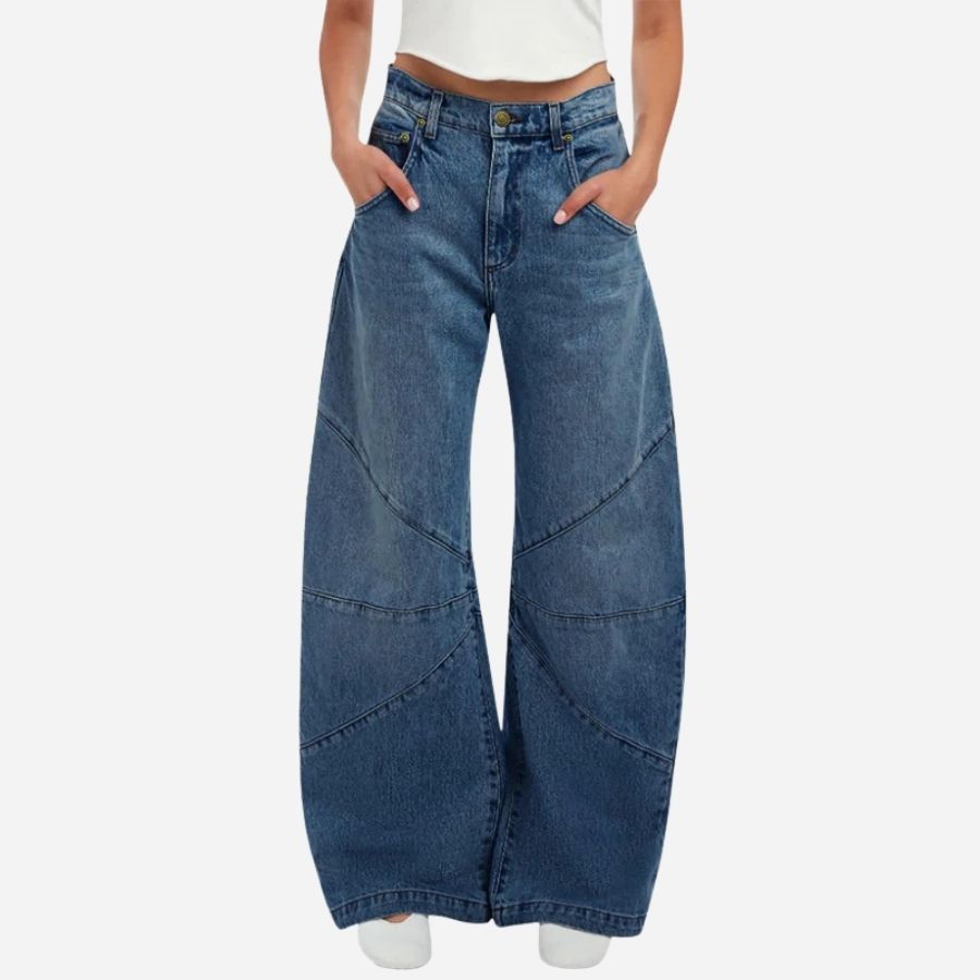 Women's high waisted baggy barrel jeans boyfriend wide leg denim pants in navy, front view