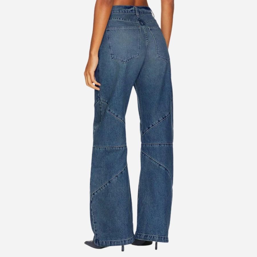 Women's high waisted baggy barrel jeans boyfriend wide leg denim pants in navy, back view