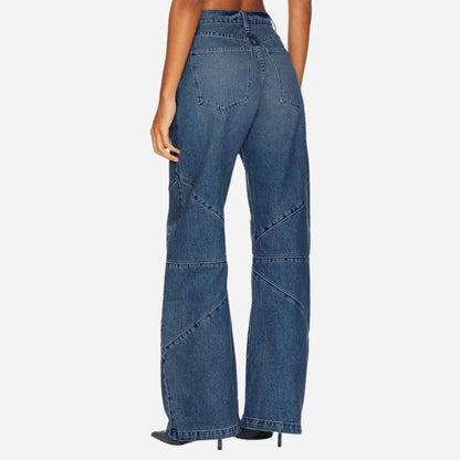 Women's high waisted baggy barrel jeans boyfriend wide leg denim pants in navy, back view