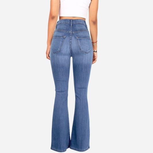 Women’s high waisted bell bottom stretch flare bootcut denim jeans in blue, back view