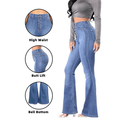 Women’s high waisted bell bottom stretch flare bootcut denim jeans in blue, details view