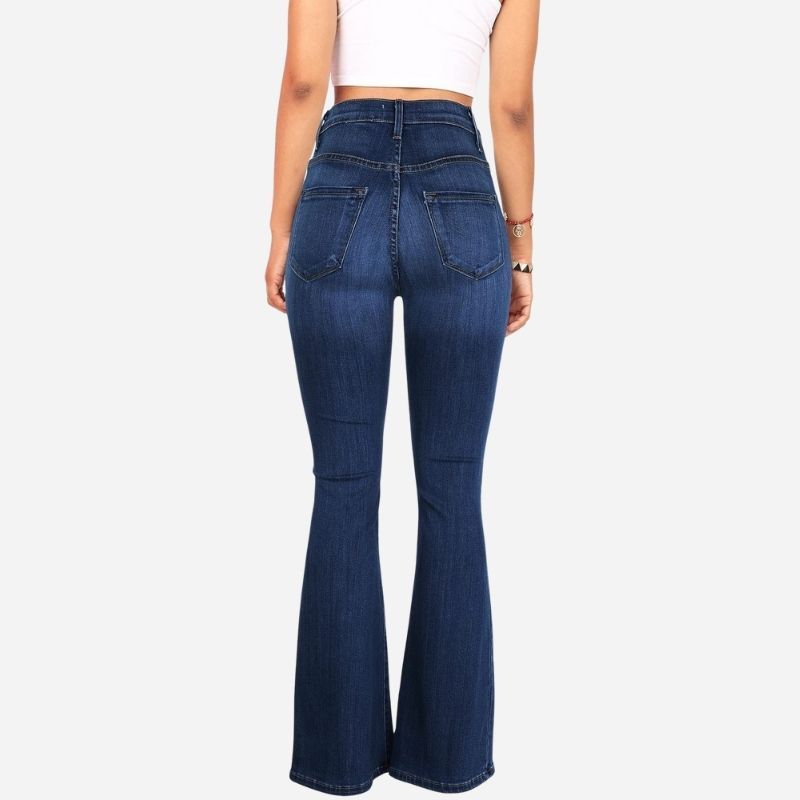 Women’s high waisted bell bottom stretch flare bootcut denim jeans in navy, back view