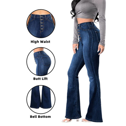 Women’s high waisted bell bottom stretch flare bootcut denim jeans in navy, details view