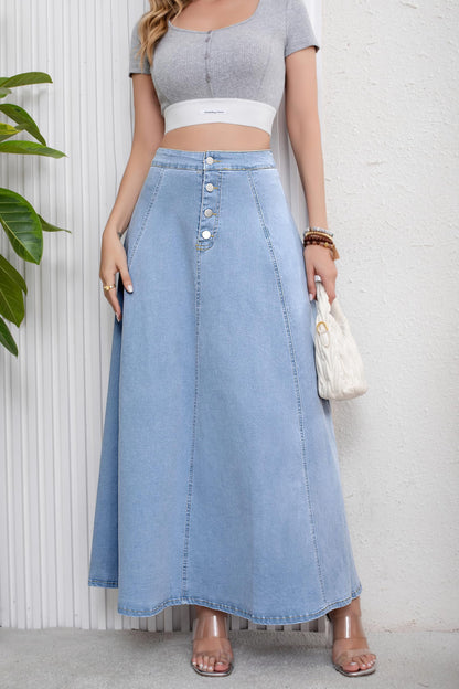 Women’s High Waist Button Fly A-Line Flared Long Denim Maxi Skirt Blue Color