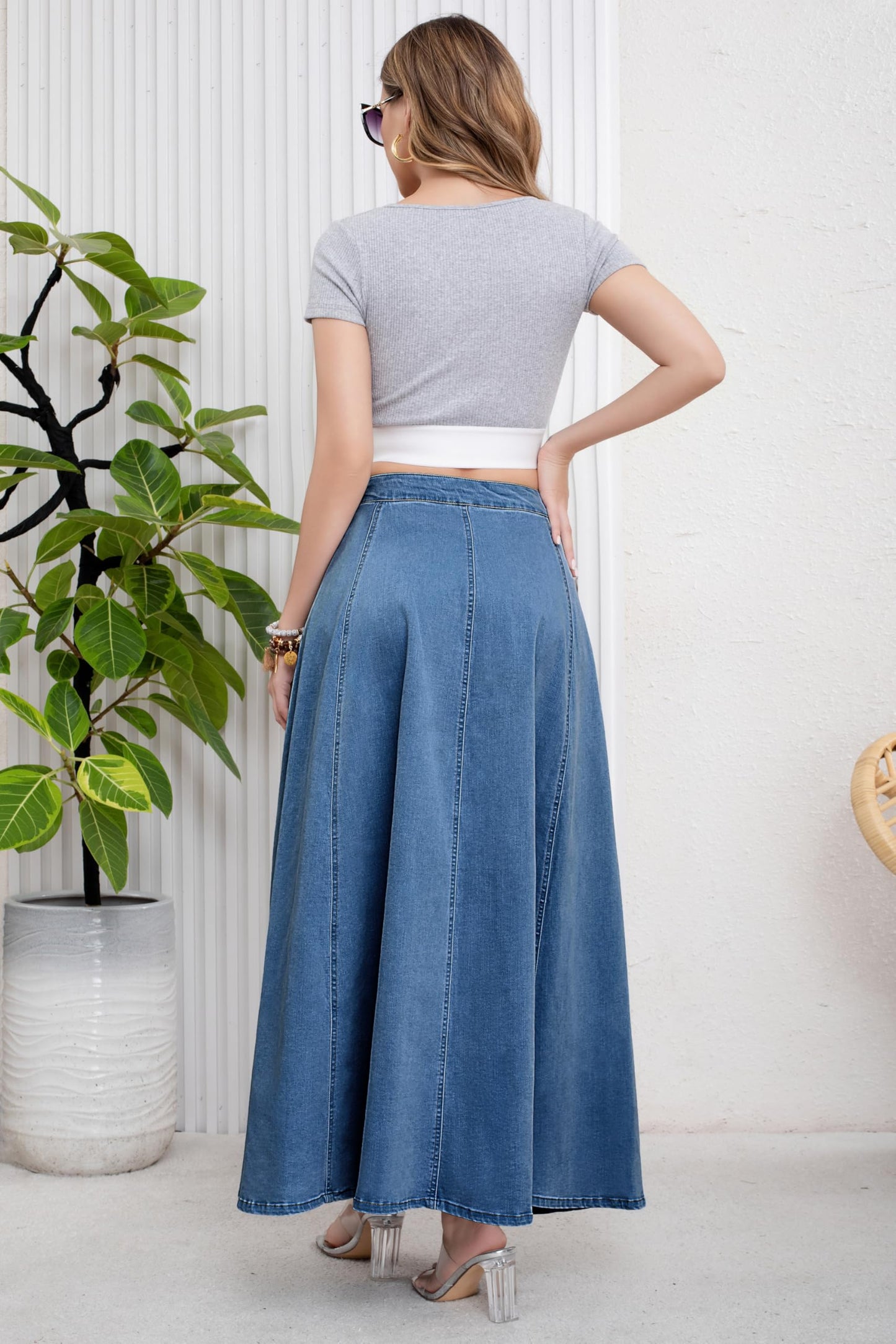 Women’s High Waist Button Fly A-Line Flared Long Denim Maxi Skirt with back view