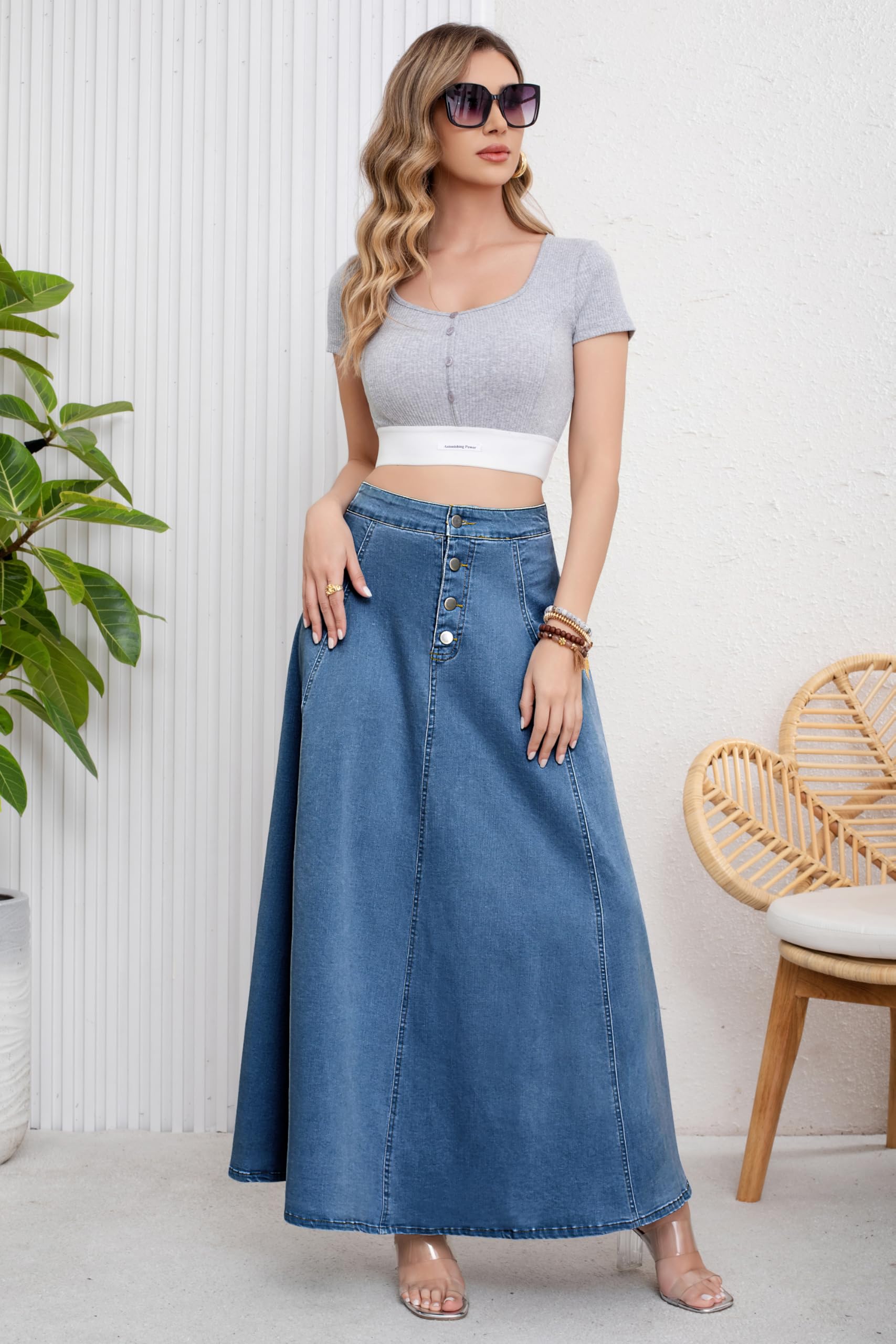 Women’s High Waist Button Fly A-Line Flared Long Denim Maxi Skirt