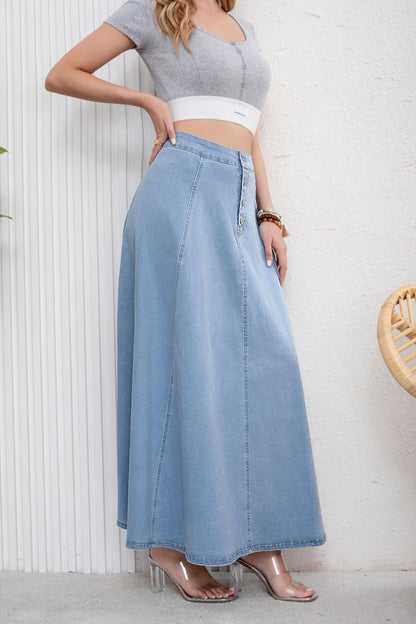 Women’s High Waist Button Fly A-Line Flared Long Denim Maxi Skirt Blue Color