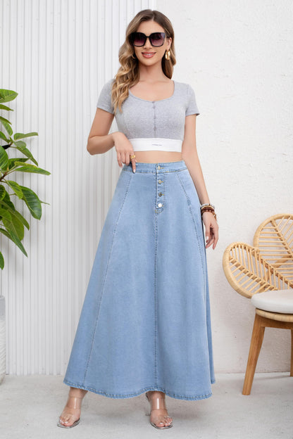 Women’s High Waist Button Fly A-Line Flared Long Denim Maxi Skirt Blue Color