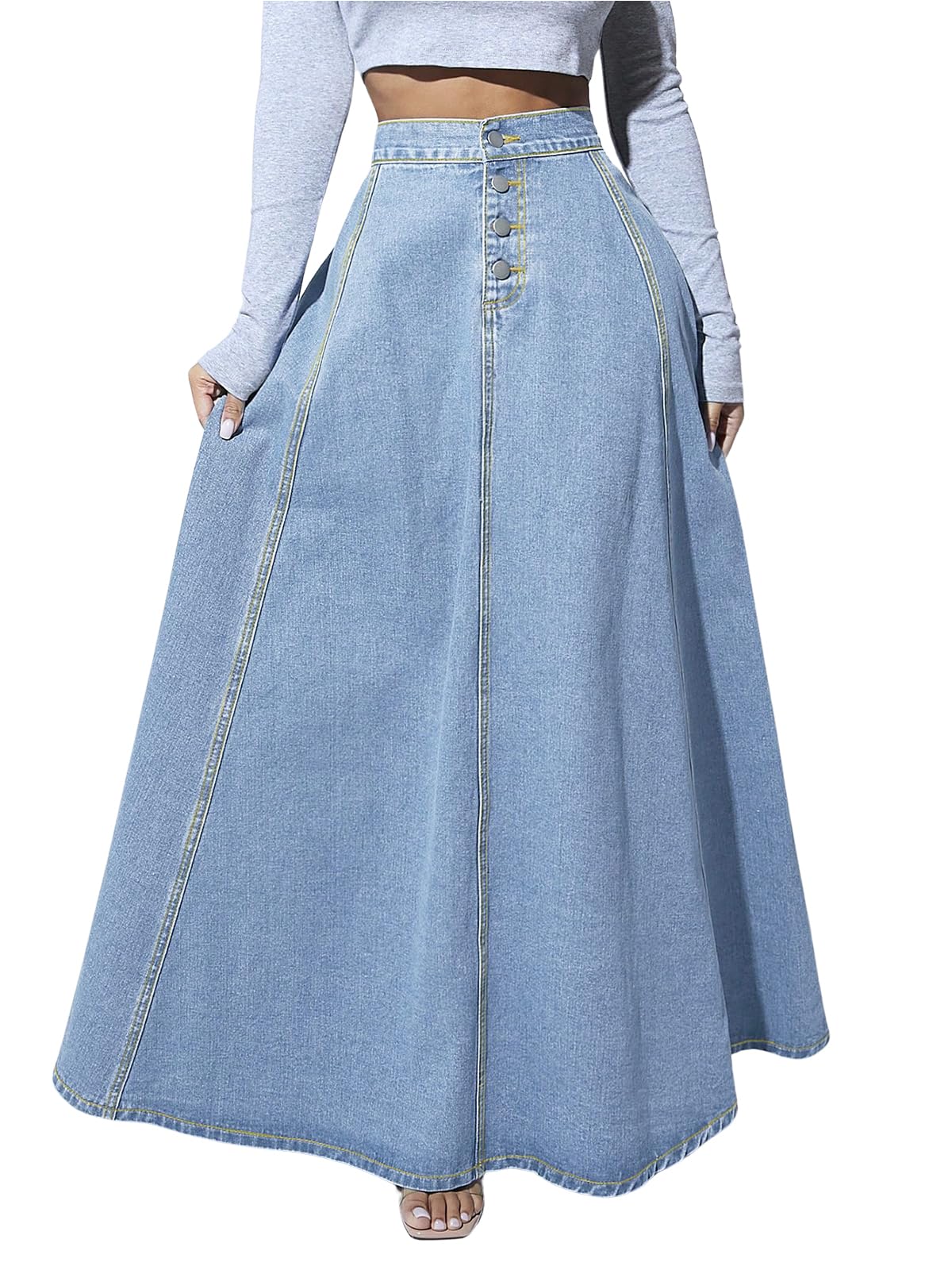Women’s High Waist Button Fly A-Line Flared Long Denim Maxi Skirt Blue Color