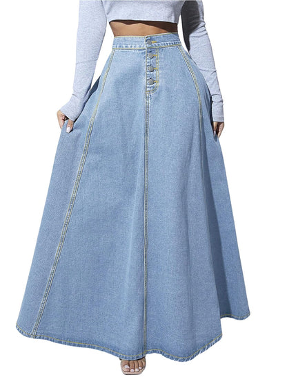 Women’s High Waist Button Fly A-Line Flared Long Denim Maxi Skirt Blue Color