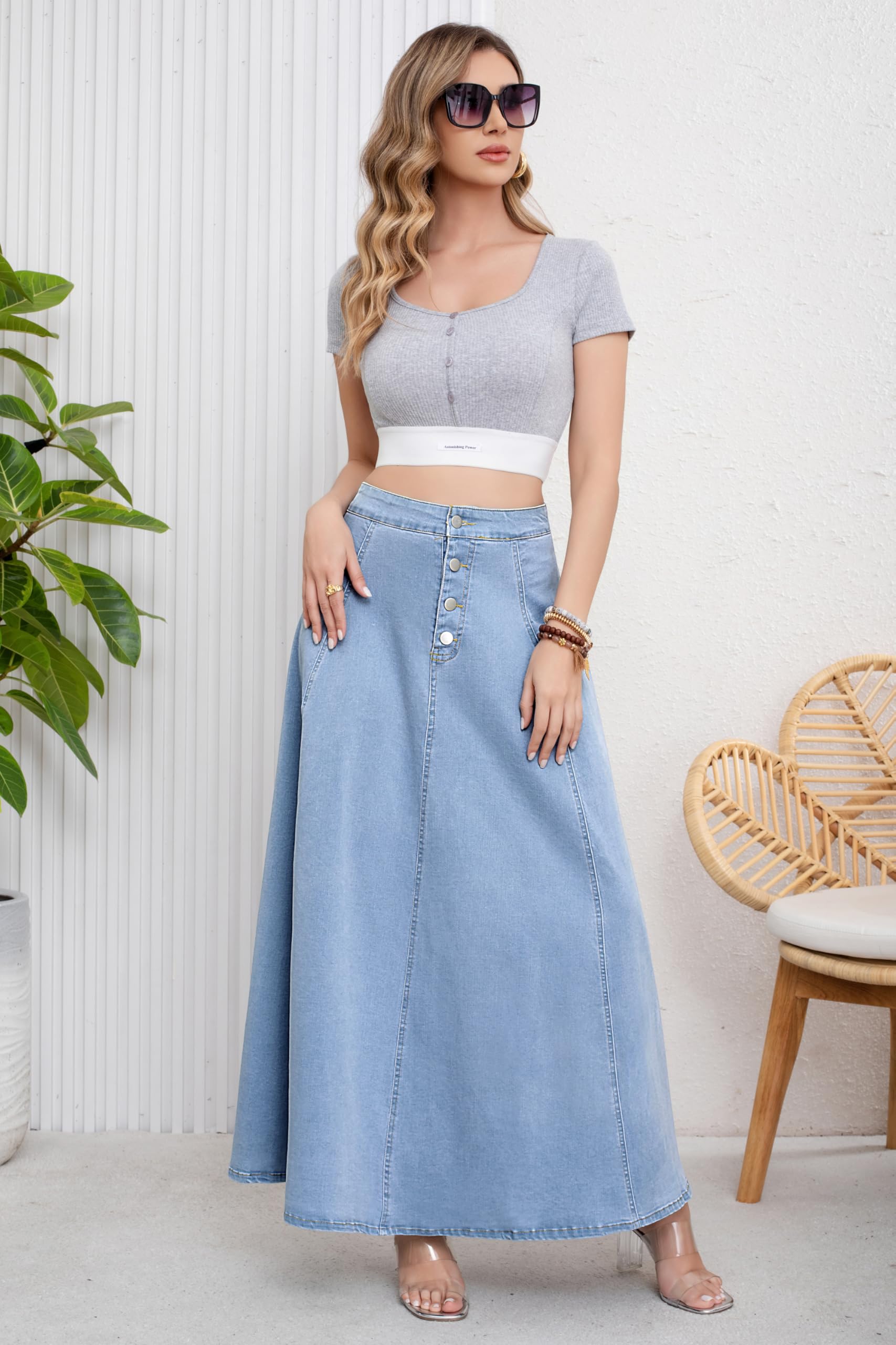 Women’s High Waist Button Fly A-Line Flared Long Denim Maxi Skirt Blue Color