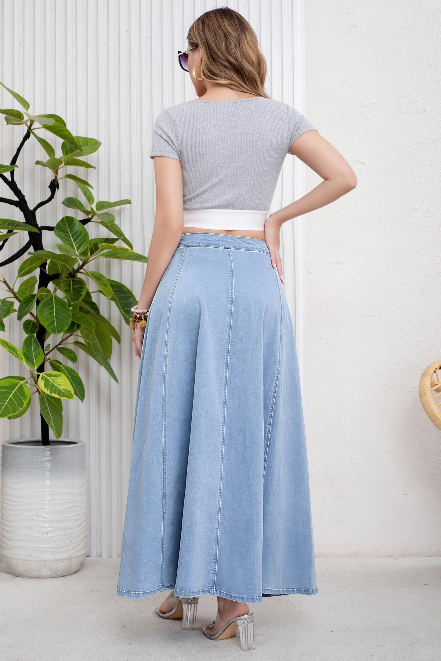 Women’s High Waist Button Fly A-Line Flared Long Denim Maxi Skirt Blue Color with back view