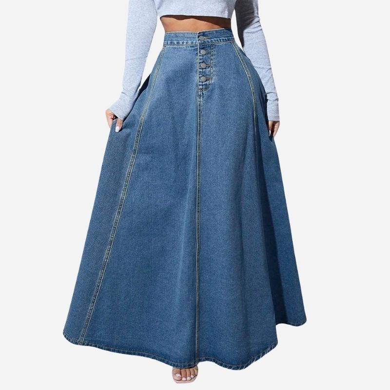 Women’s High Waist Button Fly A-Line Flared Long Denim Maxi Skirt