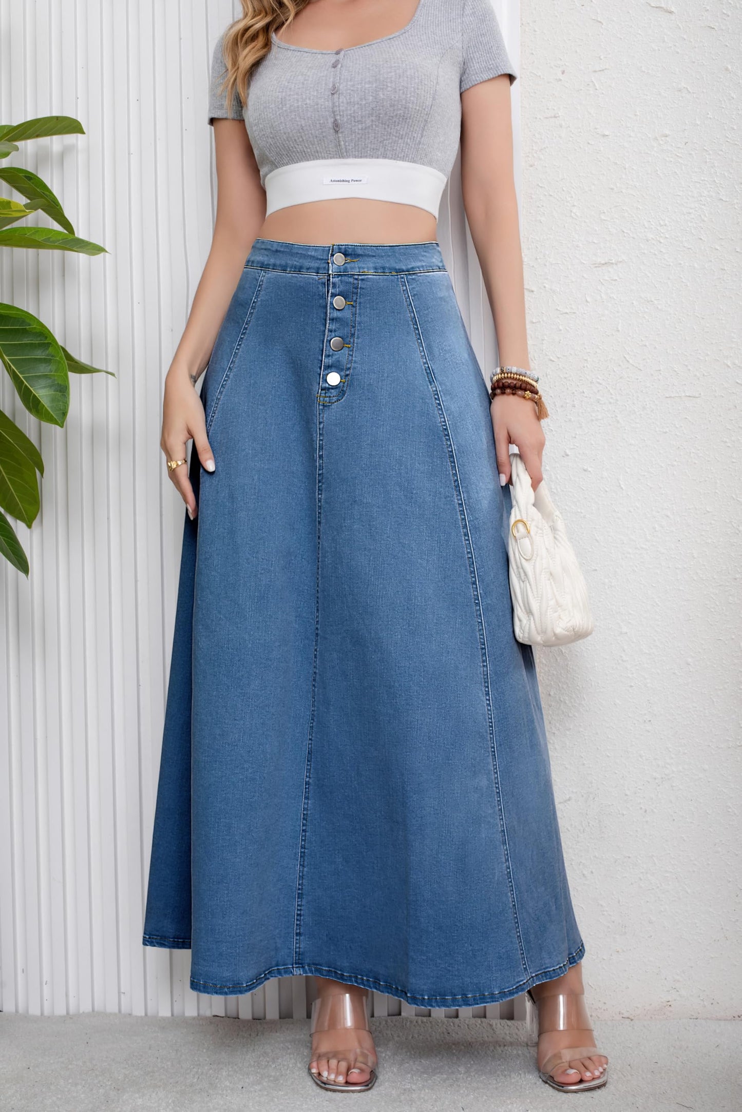 Women’s High Waist Button Fly A-Line Flared Long Denim Maxi Skirt