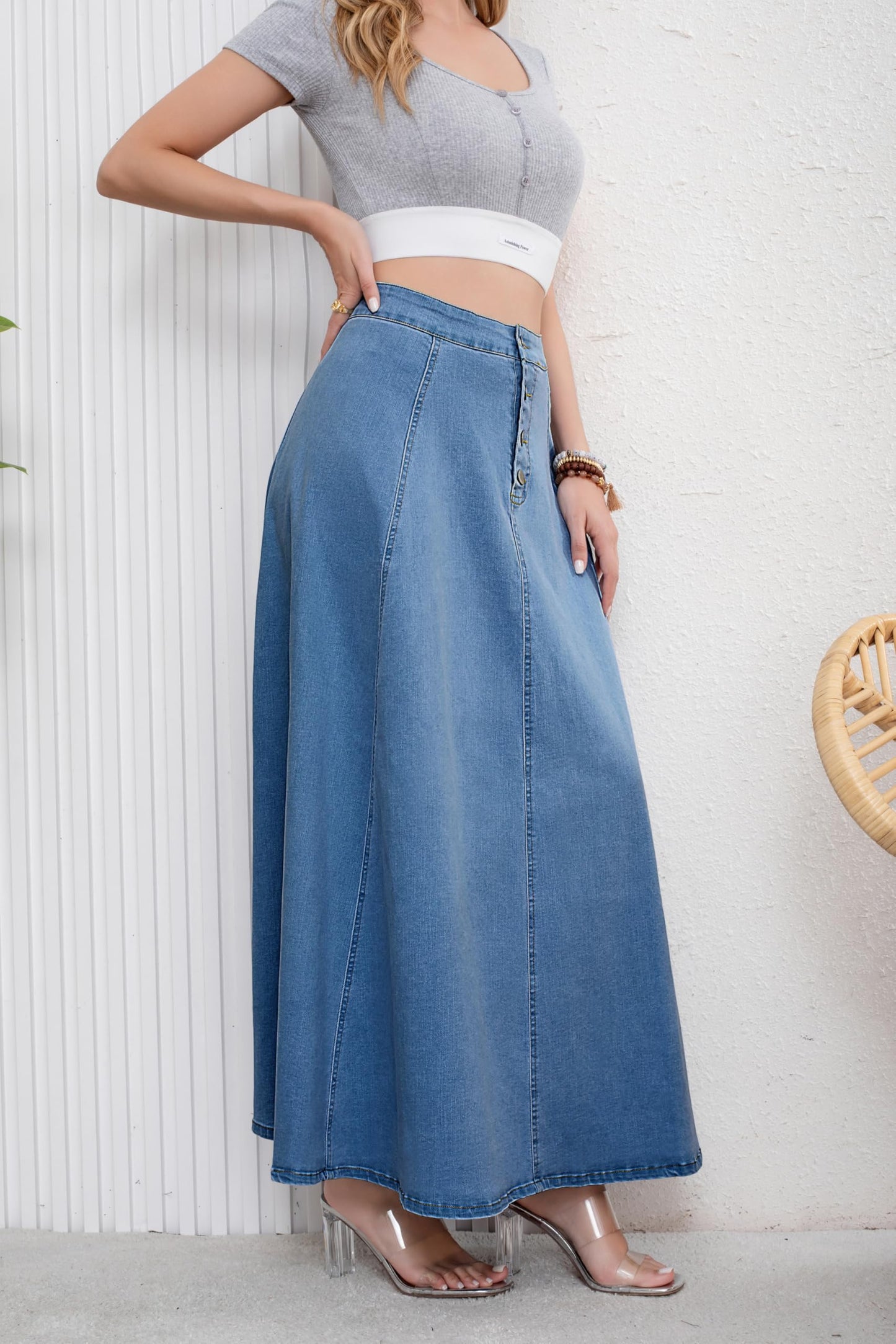Women’s High Waist Button Fly A-Line Flared Long Denim Maxi Skirt