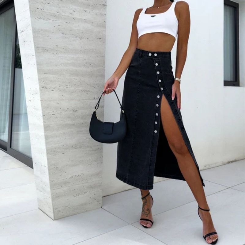 Women’s high waisted button front midi denim skirt with slit in black, front view