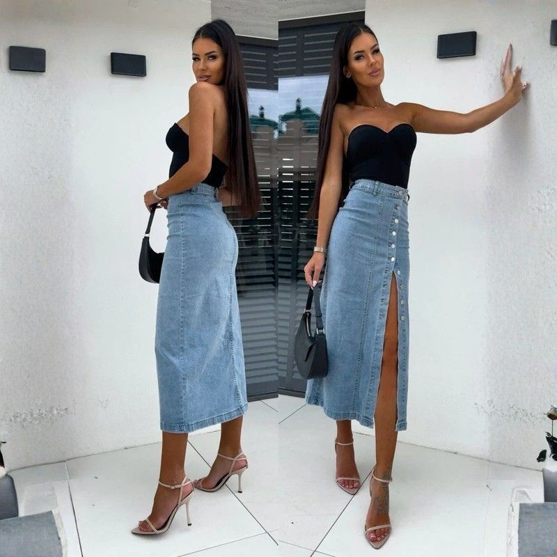Women’s high waisted button front midi denim skirt with slit in blue, front and back views