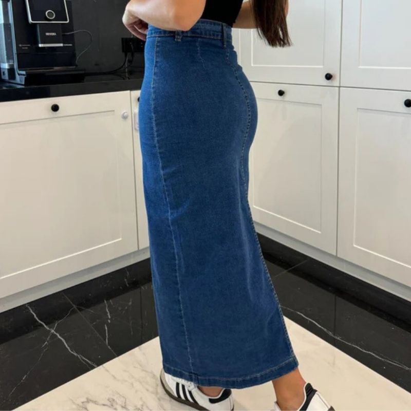 Women’s high waisted button front midi denim skirt with slit in navy, back view