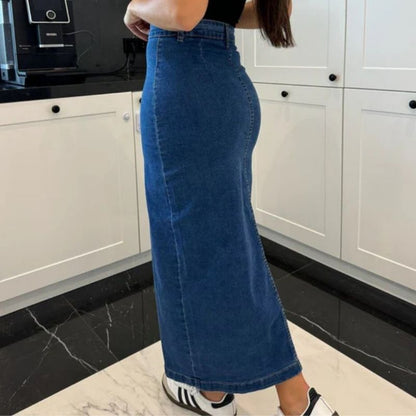 Women’s high waisted button front midi denim skirt with slit in navy, back view