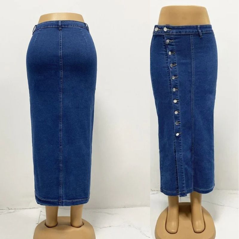 Women’s high waisted button front midi denim skirt with slit in navy, front and back views