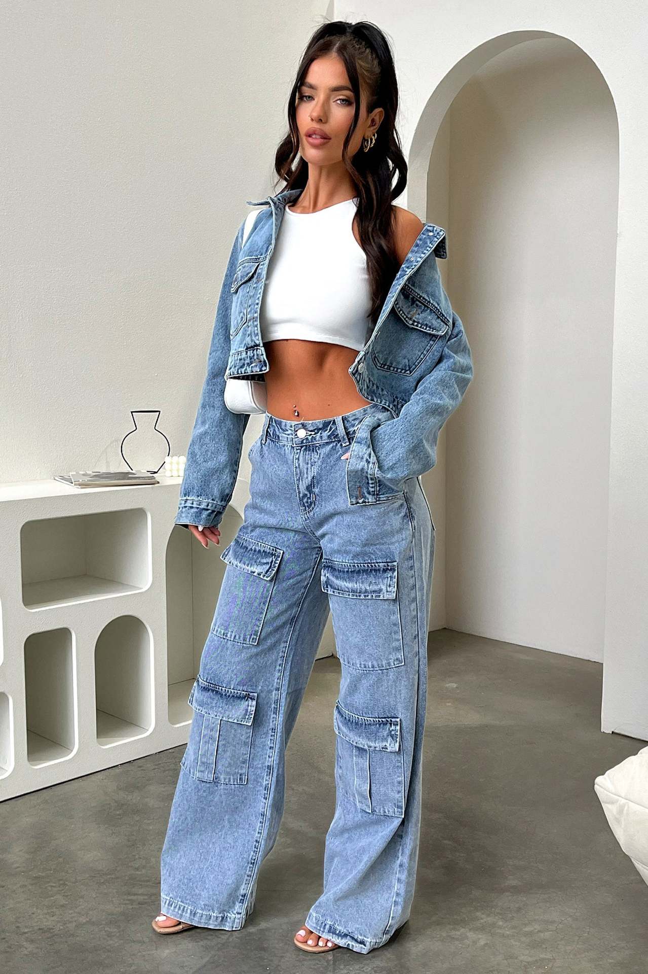 Women's High Waisted Cargo Jeans Straight Wide Leg Stretch Baggy Jean