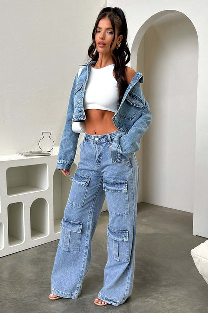 Women's High Waisted Cargo Jeans Straight Wide Leg Stretch Baggy Jean