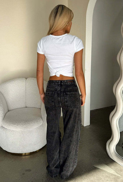 Women's High Waisted Cargo Jeans Straight Wide Leg Stretch Baggy Jean