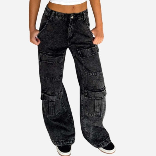 Women's High Waisted Cargo Jeans Straight Wide Leg Stretch Baggy Jean