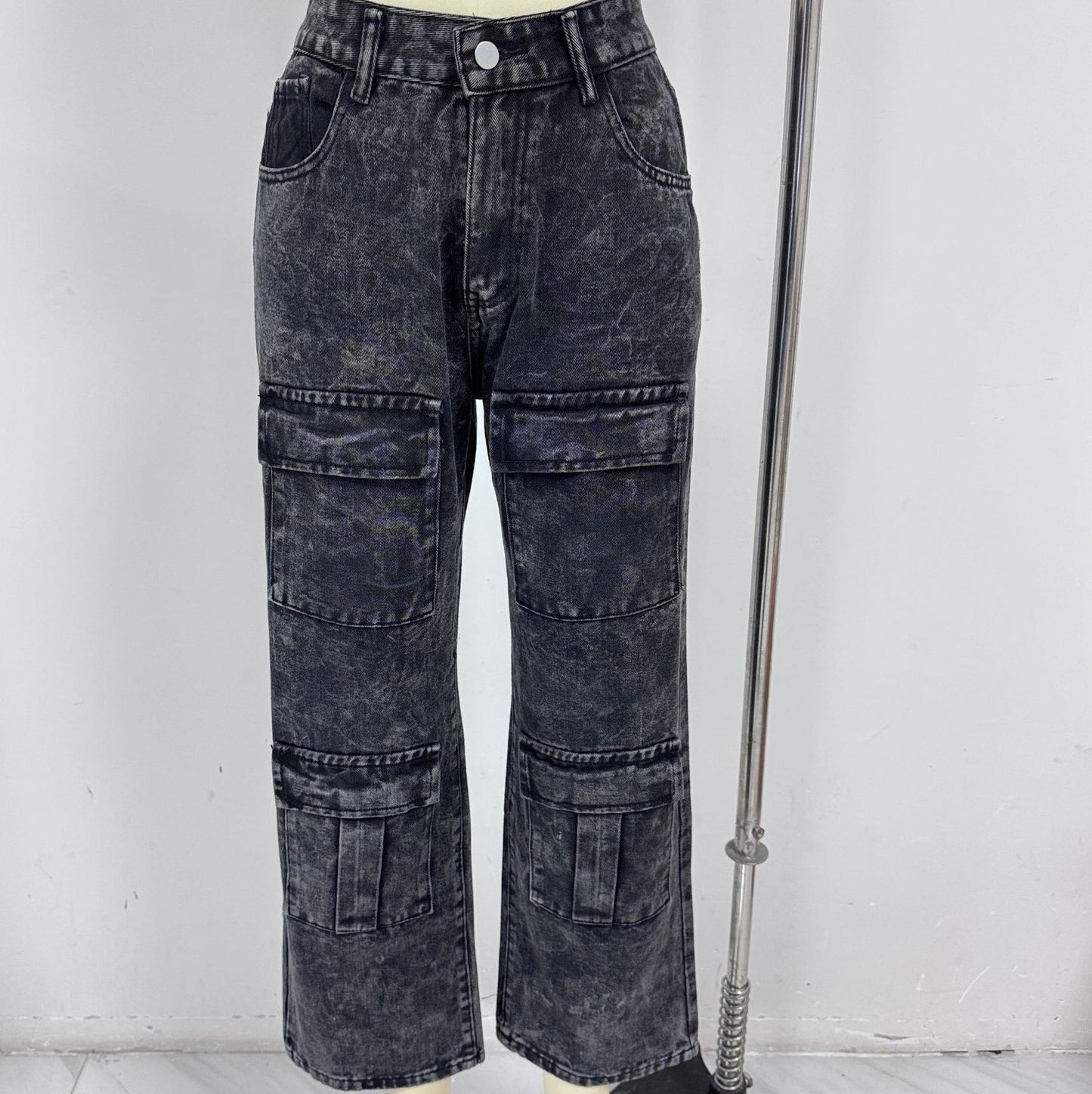 Women's High Waisted Cargo Jeans Straight Wide Leg Stretch Baggy Jean