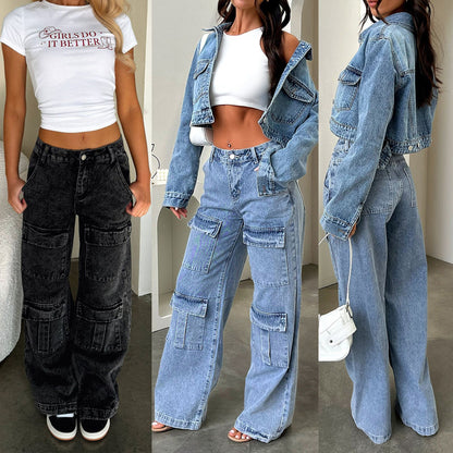 Women's High Waisted Cargo Jeans Straight Wide Leg Stretch Baggy Jean
