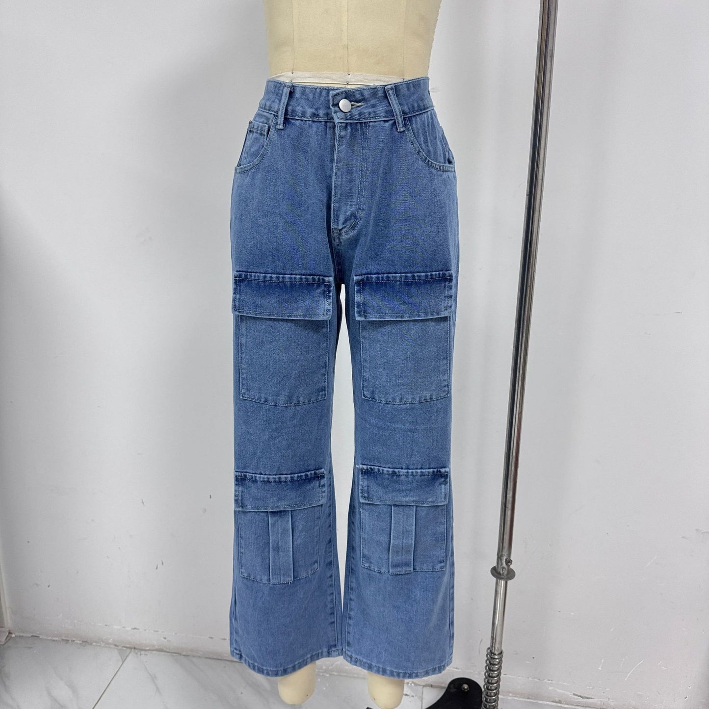 Women's High Waisted Cargo Jeans Straight Wide Leg Stretch Baggy Jean
