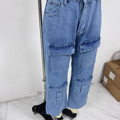Women's High Waisted Cargo Jeans Straight Wide Leg Stretch Baggy Jean