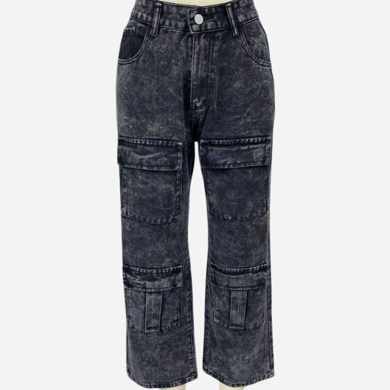 Women's high waisted cargo jeans straight wide leg baggy jeans in black, flat lay front