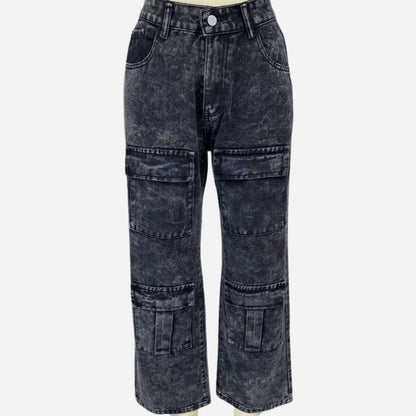 Women's high waisted cargo jeans straight wide leg baggy jeans in black, flat lay front