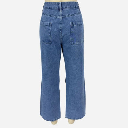 Women's high waisted cargo jeans straight wide leg baggy jeans in blue, flat lay back