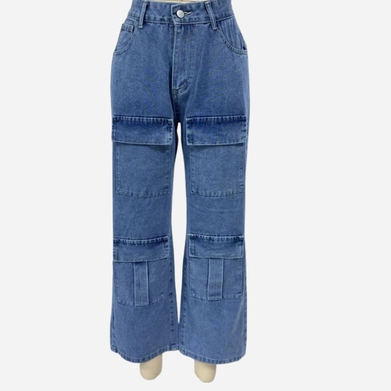 Women's high waisted cargo jeans straight wide leg baggy jeans in blue, flat lay front