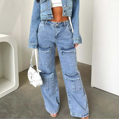 Women's high waisted cargo jeans straight wide leg baggy jeans in blue, front view