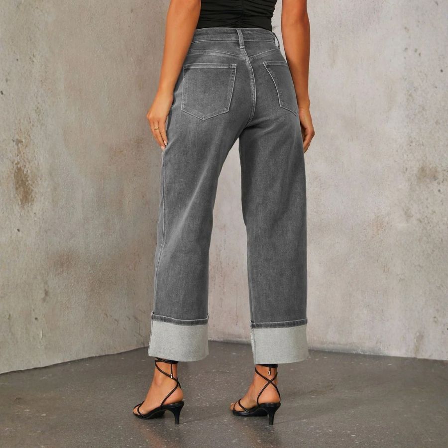 Women’s High Waisted Straight Wide Leg Cuffed Jeans Palazzo Baggy Denim Pants