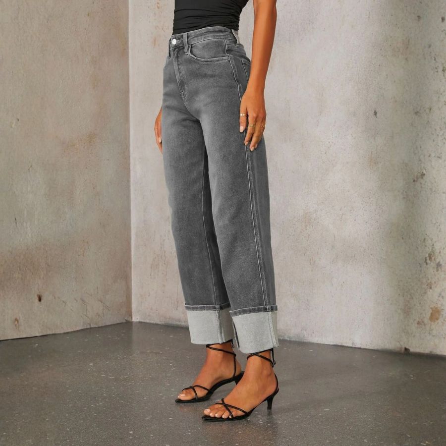 Women’s High Waisted Straight Wide Leg Cuffed Jeans Palazzo Baggy Denim Pants