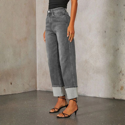 Women’s High Waisted Straight Wide Leg Cuffed Jeans Palazzo Baggy Denim Pants