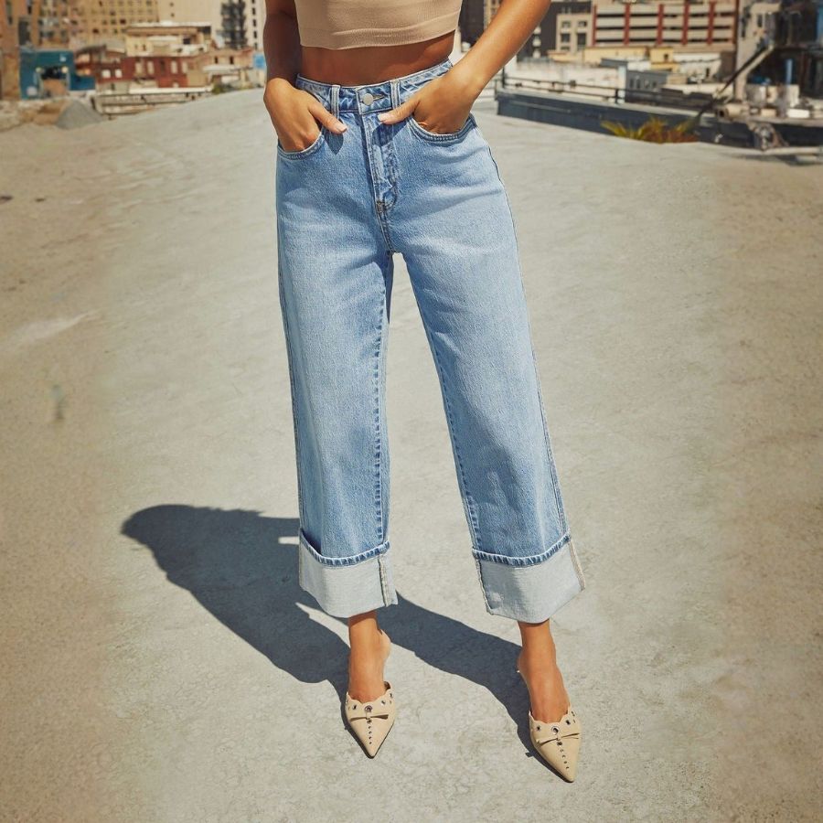 Women’s High Waisted Straight Wide Leg Cuffed Jeans Palazzo Baggy Denim Pants