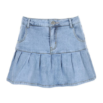 Women's Jeans Skirt Slim A-line Pleated Ruffle Short Mini Denim Skirts