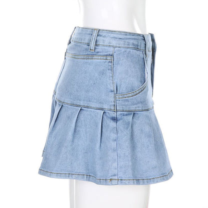 Women's Jeans Skirt Slim A-line Pleated Ruffle Short Mini Denim Skirts