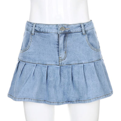 Women's Jeans Skirt Slim A-line Pleated Ruffle Short Mini Denim Skirts