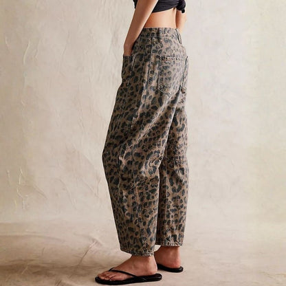 Women’s leopard barrel jeans mid rise wide leg cropped baggy denim pants, side view