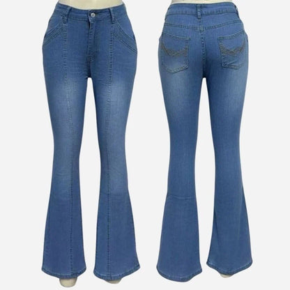 women's low rise bell bottom flare jeans, front and back views